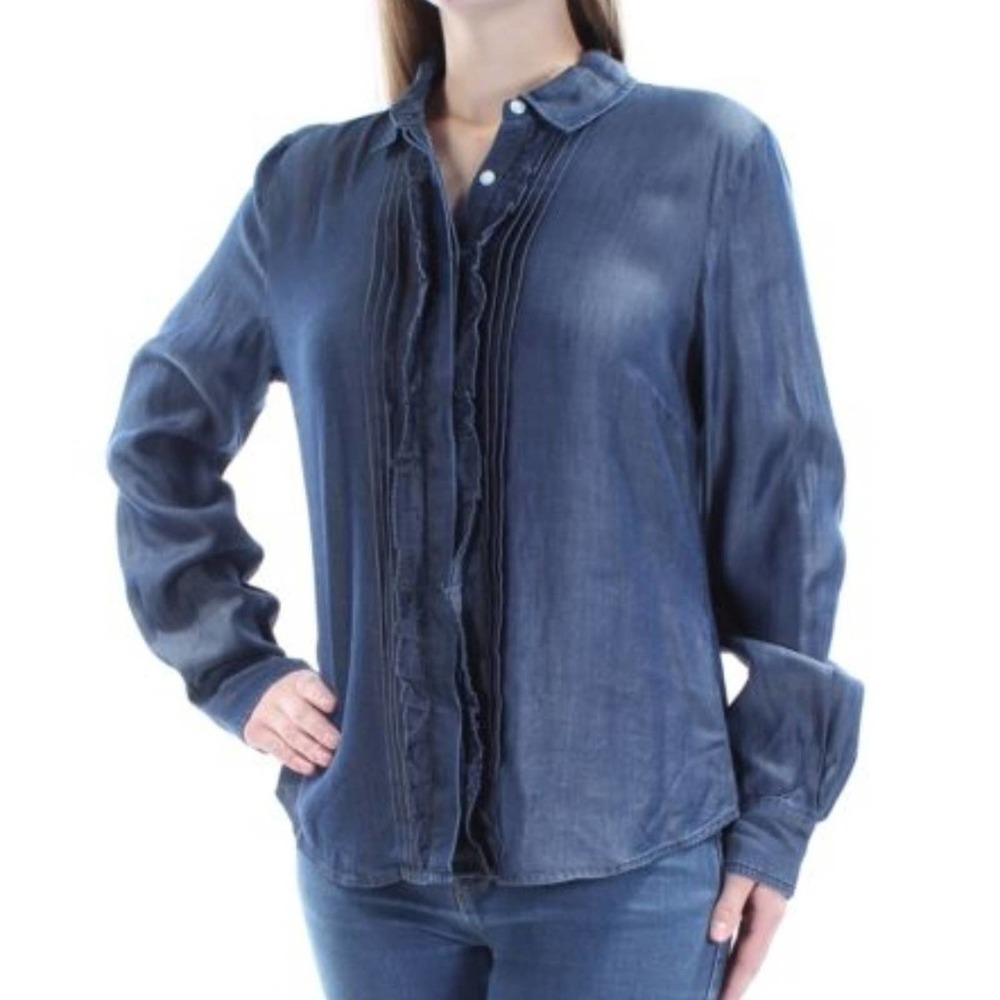 TOMMY HILFIGER Blue Ruffled Cuffed Button Up Top M - Picture 1 of 1